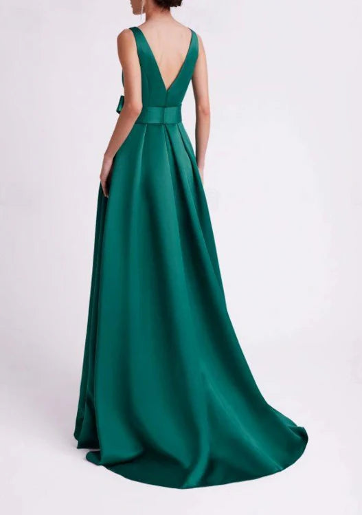 Luolandi A-Line Evening Gown High Split Dress Sleeveless V Neck Belt / Sash Satin with Slit Party Dress